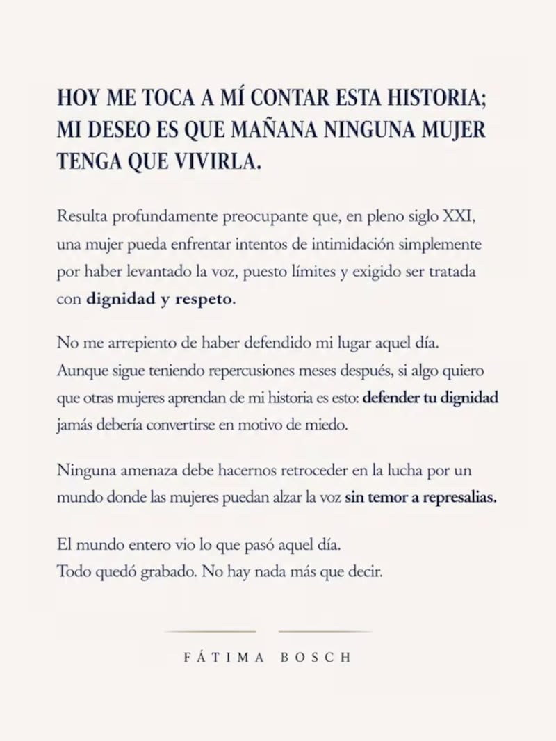 Declaraciones de Fátima Bosch. Redes sociales.