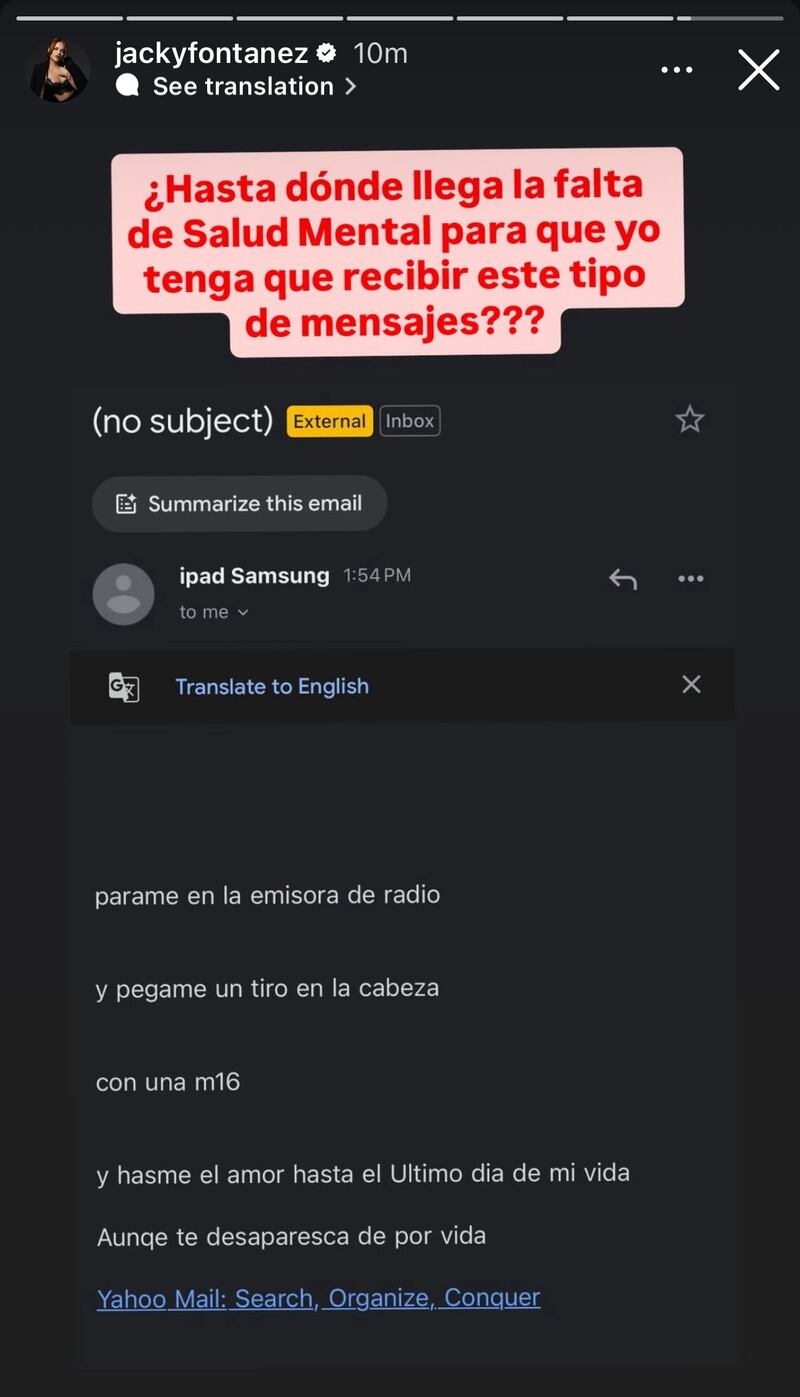 La animadora compartió una captura de pantalla de un mensaje recibido a través de correo electrónico.