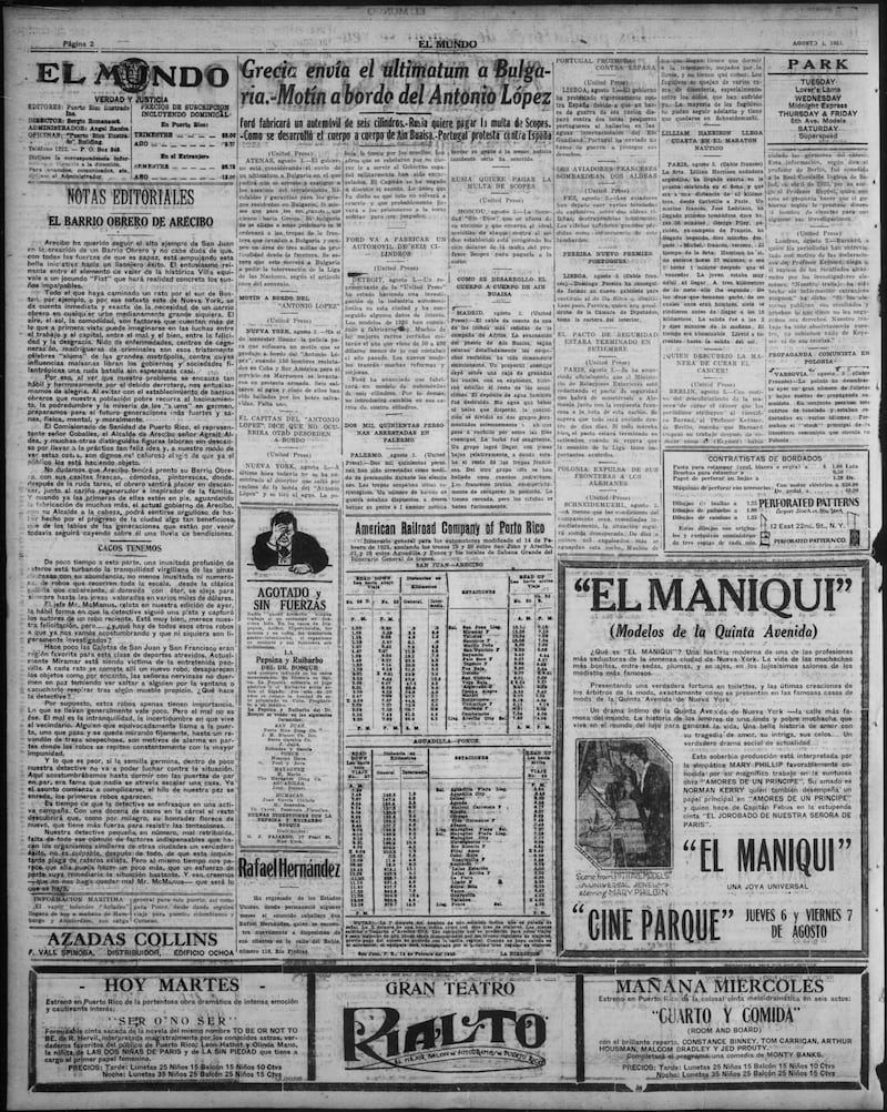 Recorte del periódico El Mundo en su edición de 1925. Foto por Colección El Mundo.