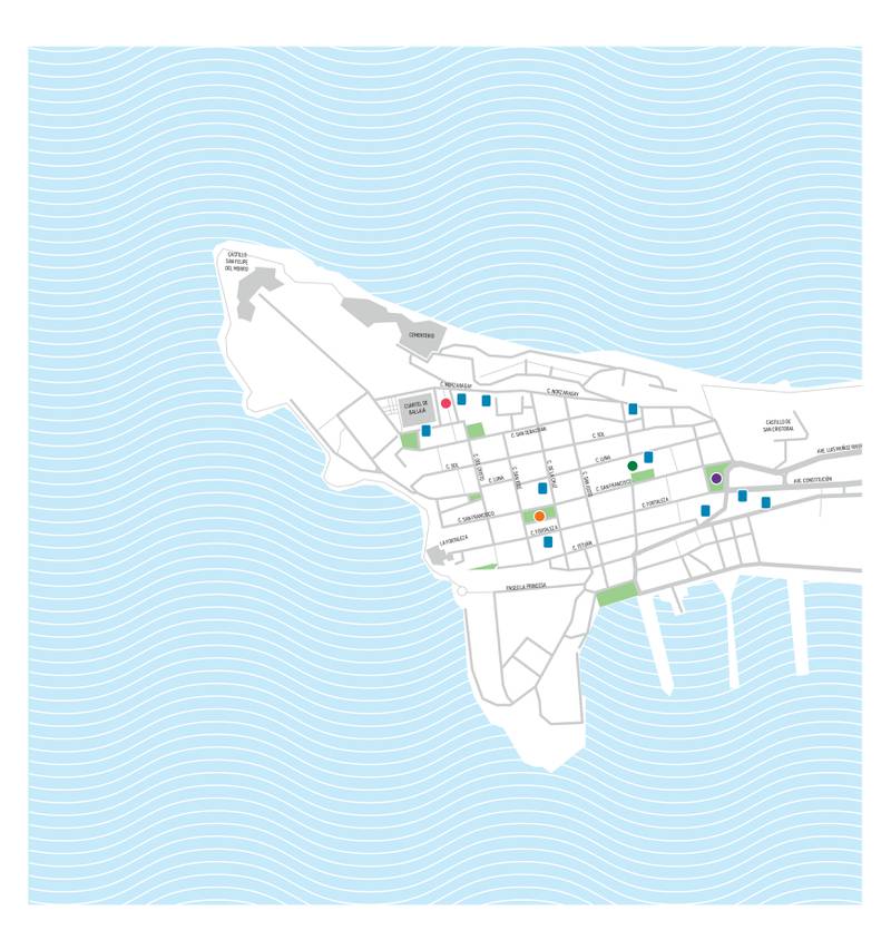 Un mapa de la isleta del Viejo San Juan muestra con cuatro círculos dónde estarán ubicadas las tarimas durante las Fiestas de la Calle San Sebastián y con cuadrados azules dónde estarán los baños.