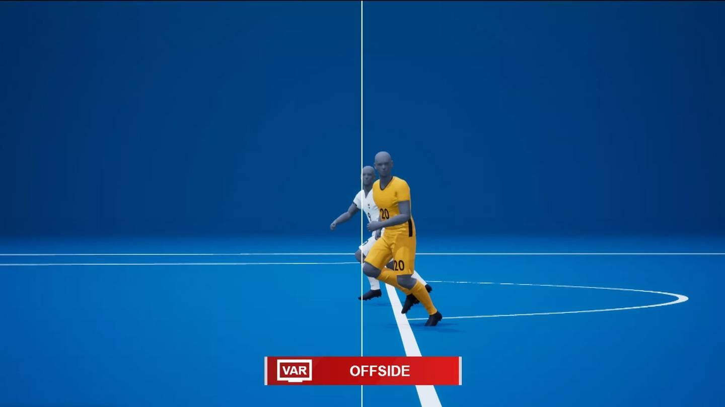 Una captura muestra cómo luciría la nueva tecnología para la detección del fuera de juego mostrando dos jugadores-avatares cruzando una línea blanca en el campo.