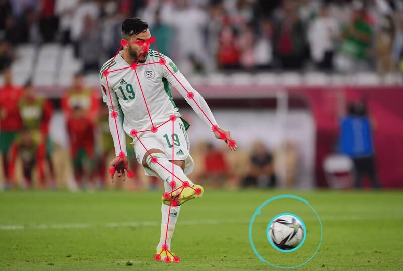 Un jugador patea una bola. Una colección de puntos y líneas rojas dibujan la silueta del futbolista, como si se le estuviese monitoreando con nuevas tecnologías.