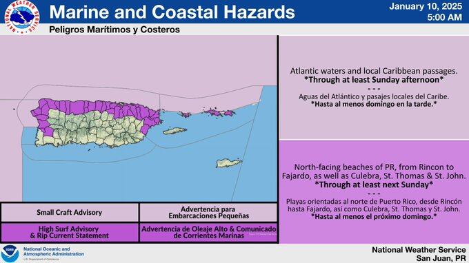 Peligros costeros para este viernes, 10 de enero de 2025.