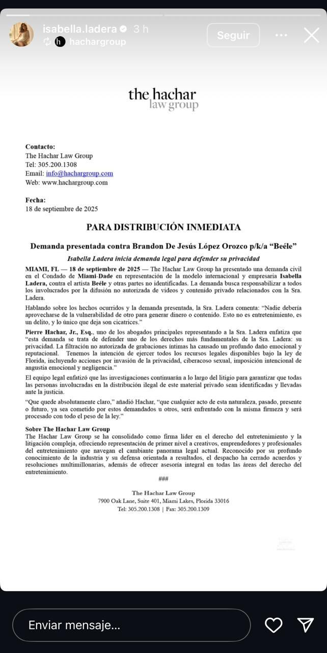 Captura de pantalla redes sociales de Isabella Ladera (isabella.ladera)