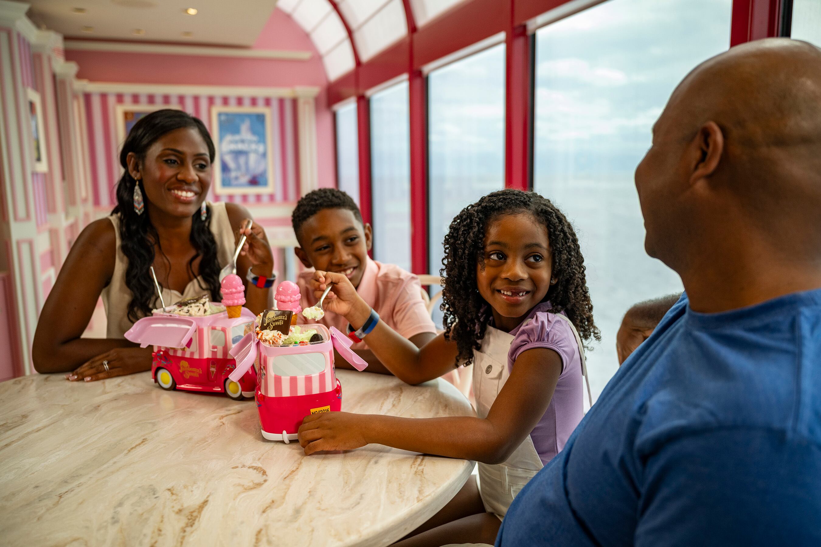Aboard the Disney Treasure, Disney Cruise Line’s newest ship, Jumbeaux’s Sweets, is reminiscent of the popular ice cream parlor, Jumbeaux Café, from the bustling mammal metropolis featured in Disney’s “Zootopia.” Surrounded by playful pink interiors, Victorian-style architecture and an endearing sculpture of Officer Judy Hopps and Nick Wilde, guests are served humor and heart by the cone full, along with a selection of more than 20 flavors of handmade gelato, 16 flavors of ice cream and sorbets, specialty treats, candies and more. (Matt Stroshane, photographer)