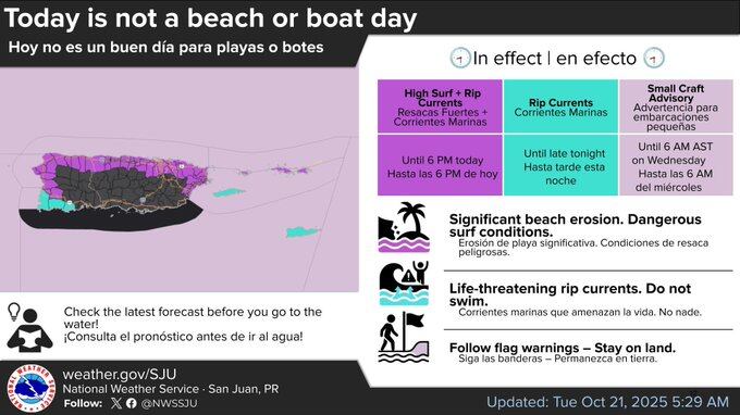 Condiciones costeras peligrosas para este martes. Se esperan olas grandes y corrientes marinas que amenazan la vida.