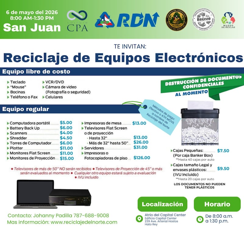 CCPA anuncia jornada de reciclaje electrónico en Hato Rey.