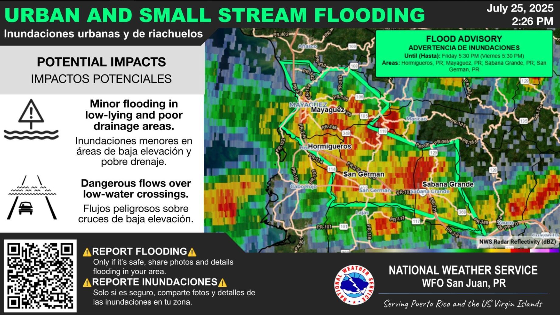 Hormigueros, Mayagüez, Sabana Grande y San Germán bajo riesgo por intensas lluvias