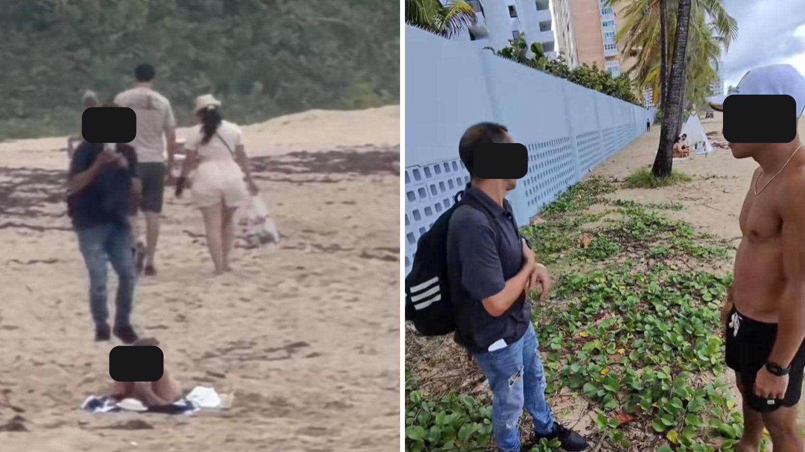 Captura del video que circula en redes sociales donde varios jóvenes confrontan a un hombre por presuntamente grabar a una mujer sin su consentimiento en una playa de San Juan.