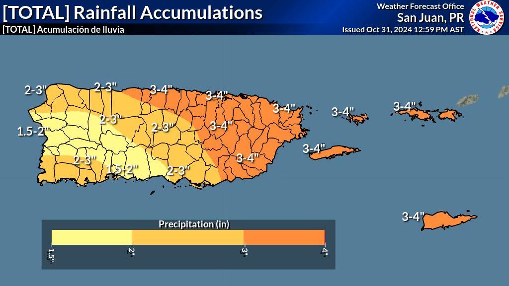 Acumulación de lluvias significativas pronosticadas para Puerto Rico y las Islas Vírgenes.