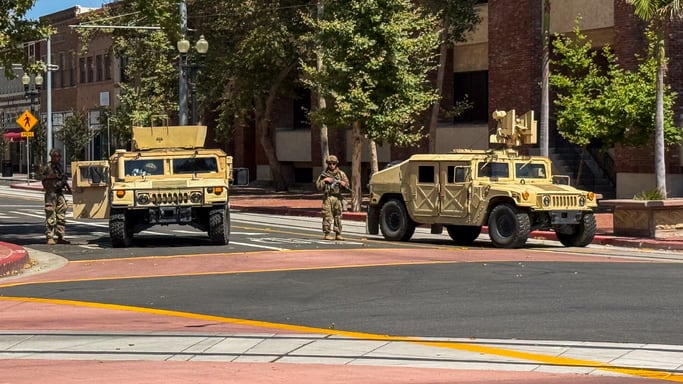 National Guard Troops and Military Vehicles on Urban Patrol in Santa Ana, California