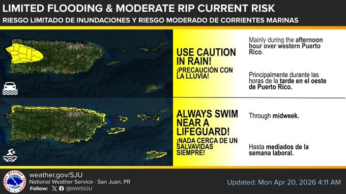 Riesgo de inundaciones para este lunes, 20 de abril de 2026.