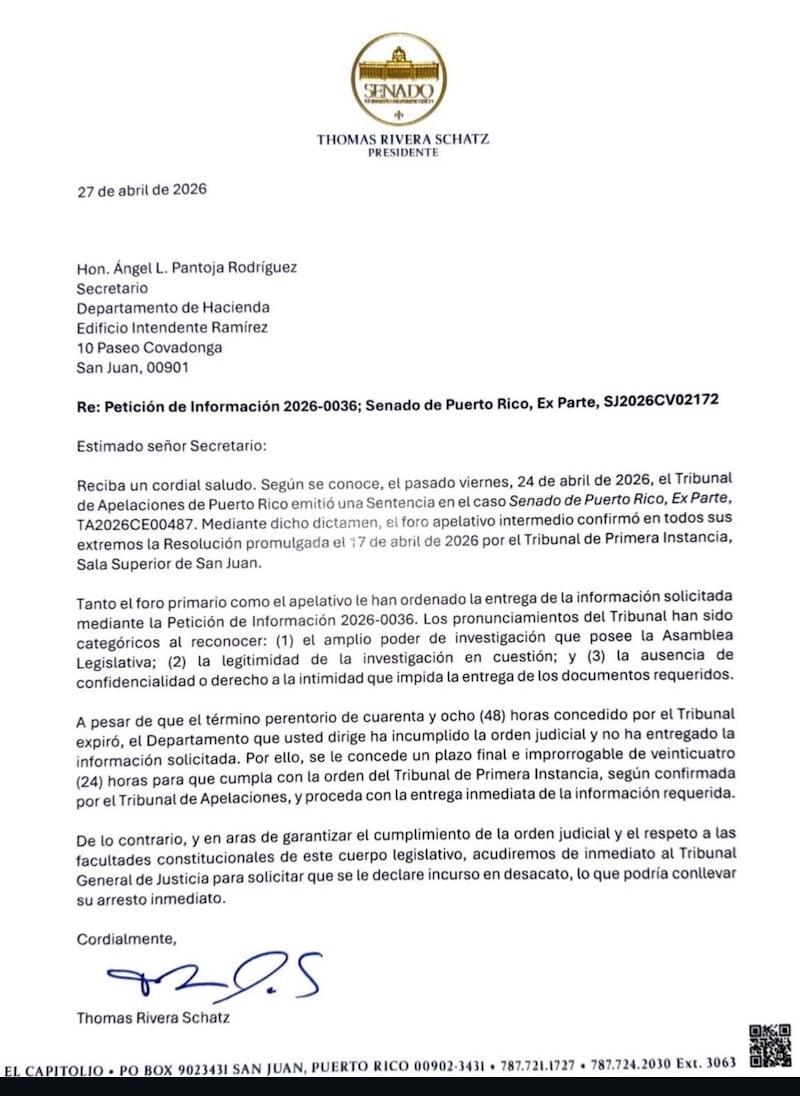 El presidente del Senado, Thomas Rivera Schatz, envió una carta al secretario del Departamento de Hacienda, Ángel L. Pantoja Rodríguez, exigiendo el cumplimiento inmediato de la orden judicial que obliga a la agencia a entregar información contributiva relacionada al exsecretario de Justicia, Antonio M. Sagardía de Jesús.