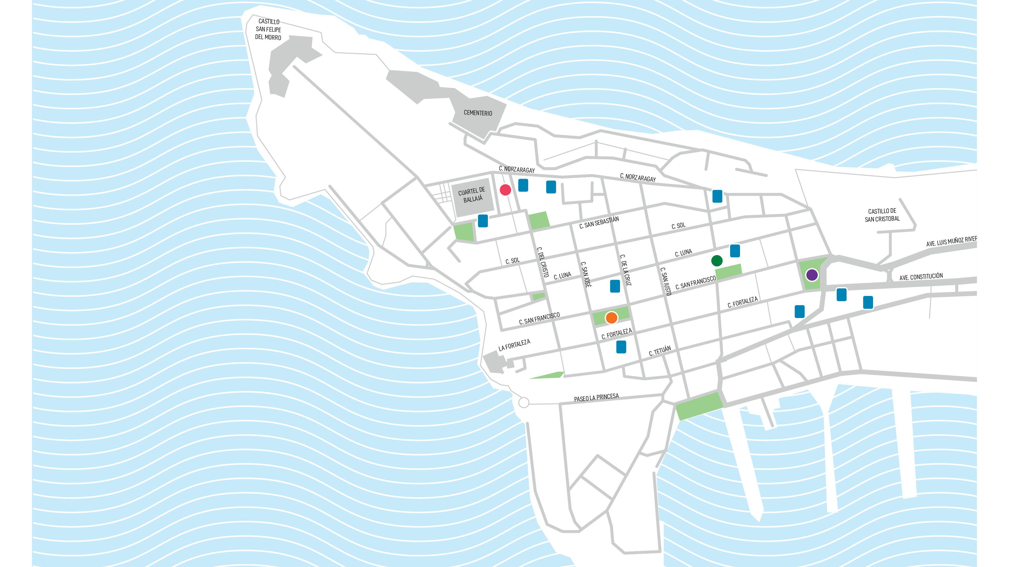 Un mapa de la isleta del Viejo San Juan muestra con cuatro círculos dónde estarán ubicadas las tarimas durante las Fiestas de la Calle San Sebastián y con cuadrados azules dónde estarán los baños.