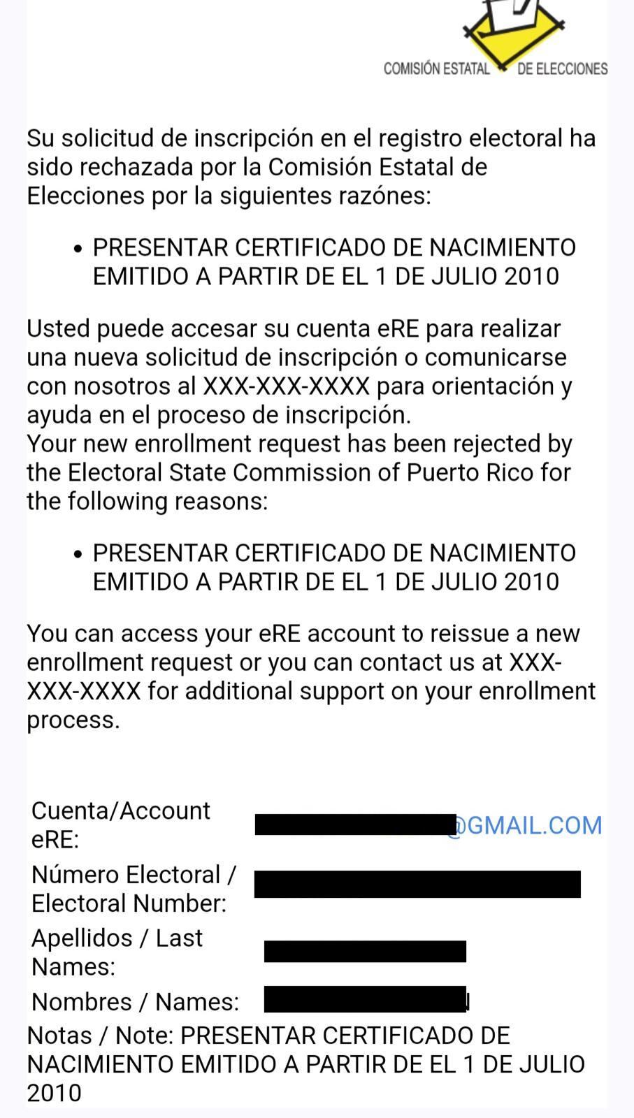 Ejemplo de notificación de inscripción rechazada enviada a usuario por correo electrónico.
Captura de pantalla