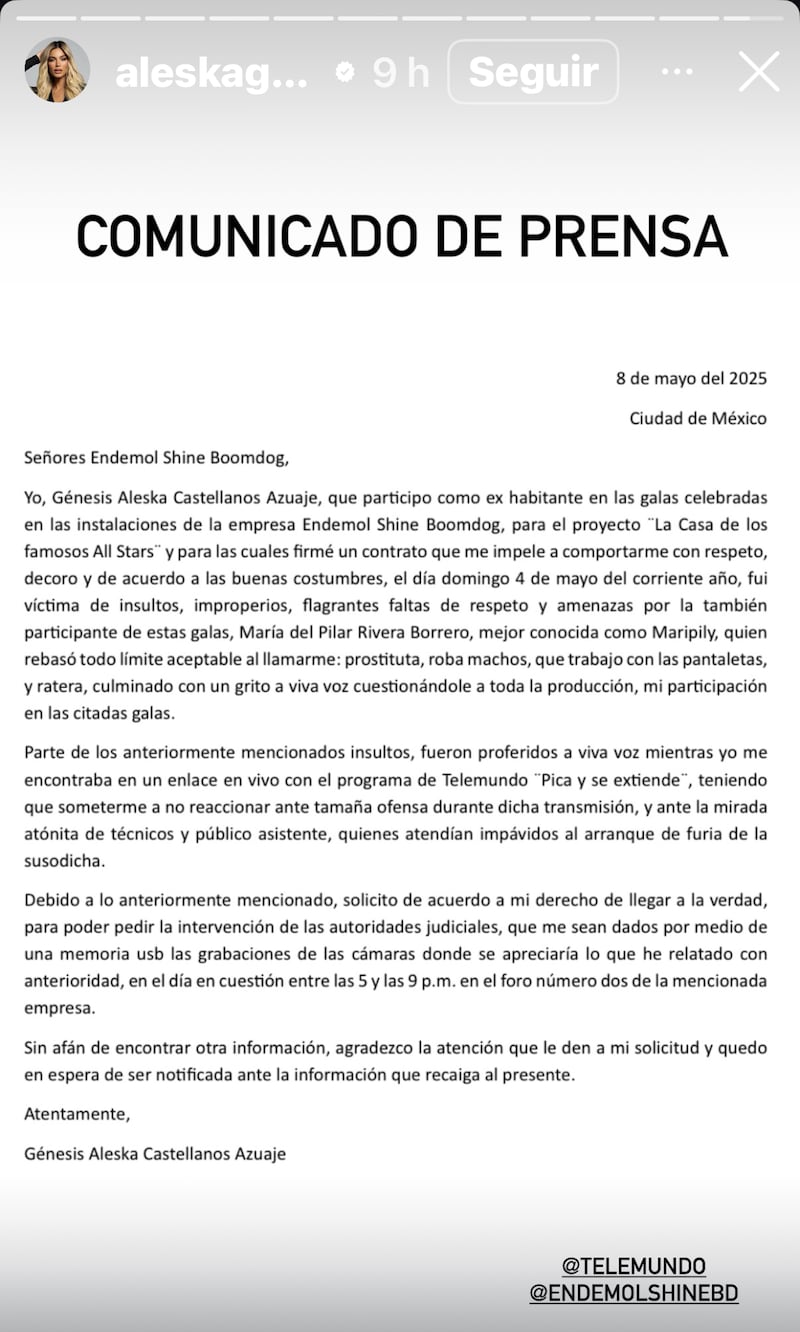 Comunicado de Aleska en las redes sociales.