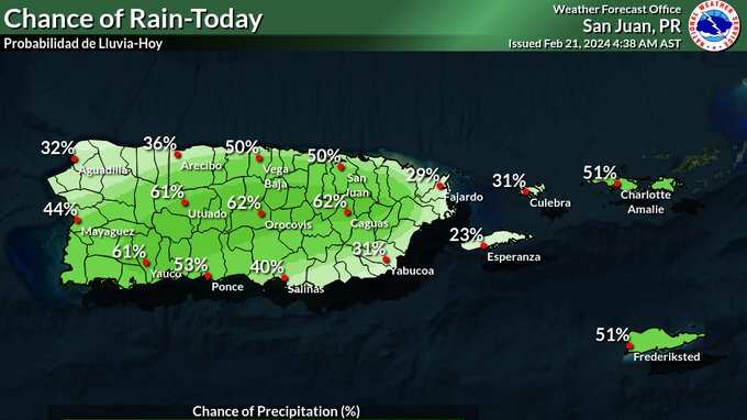 Probabilidad de lluvia para este miércoles, 21 de febrero 2024.