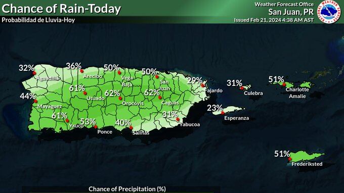 Probabilidad de lluvia para este miércoles, 21 de febrero 2024.