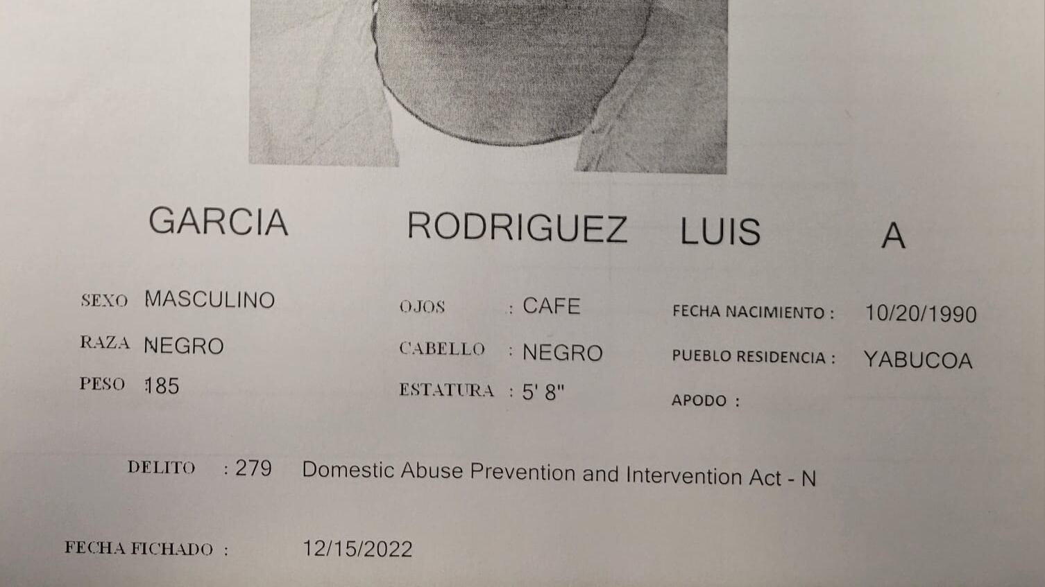 Ficha - Luis A. García Rodríguez de 32 años y residente de Yabucoa