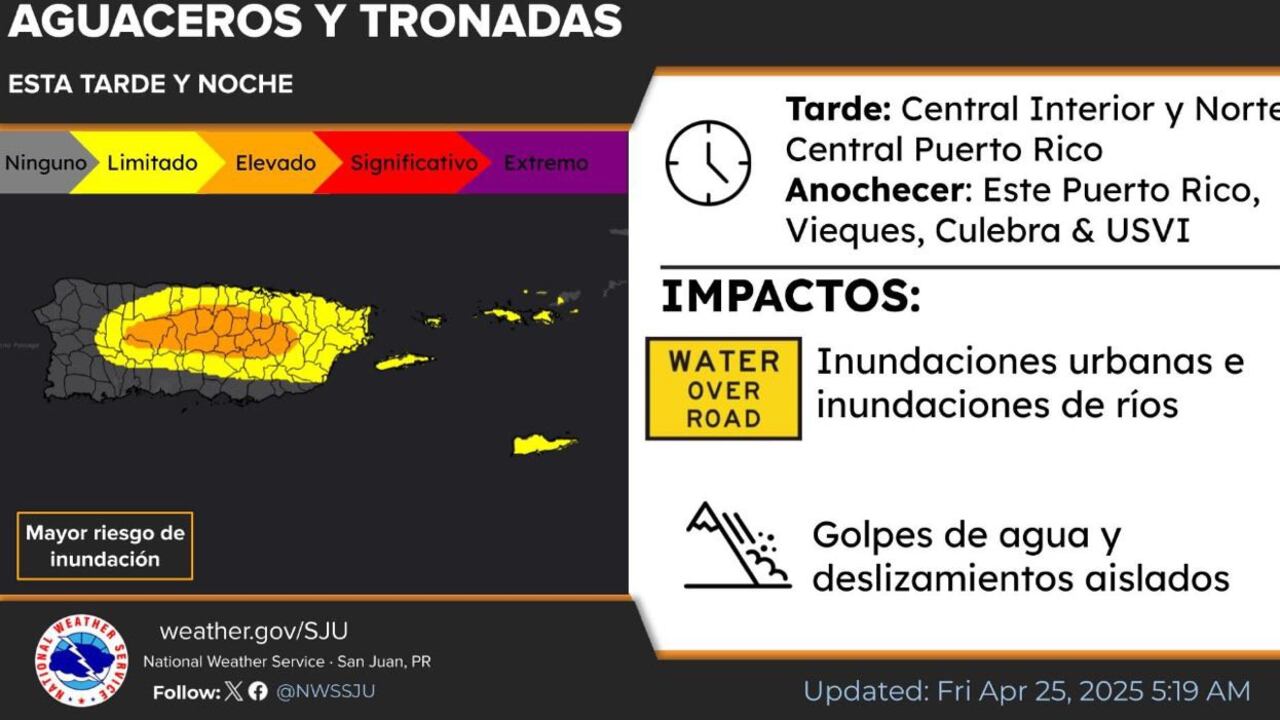 Aguaceros y tronadas para el viernes, 25 de abril de 2025.