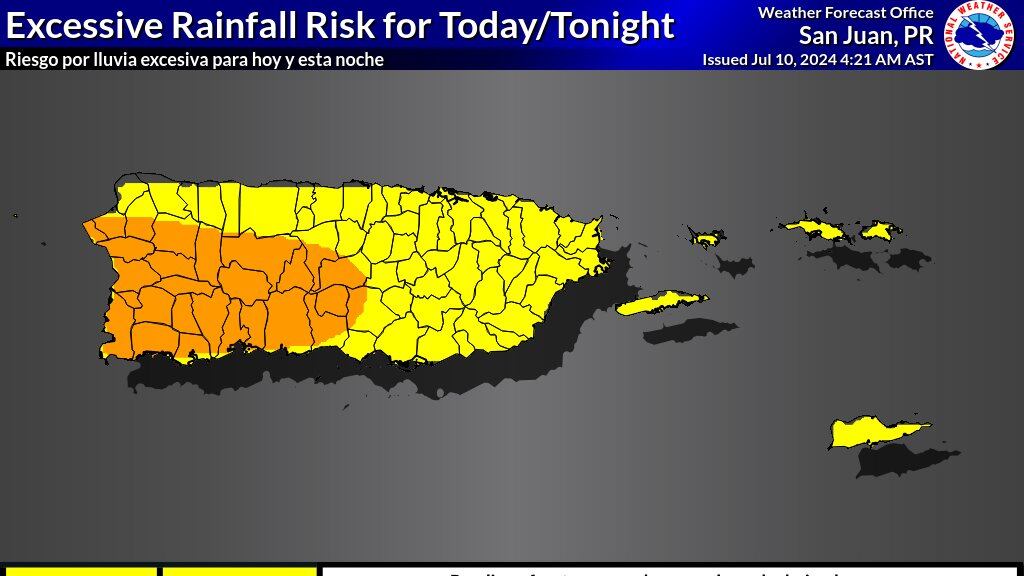 Riesgo de lluvias para este miércoles, 10 de julio de 2024.