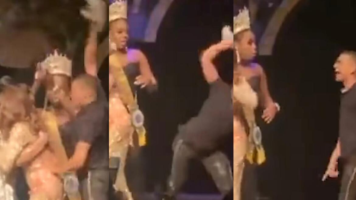 Hombre rompe corona tras derrota de su pareja en concurso de belleza gay.