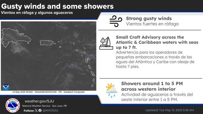Tiempo para el martes, 13 de mayo de 2025.