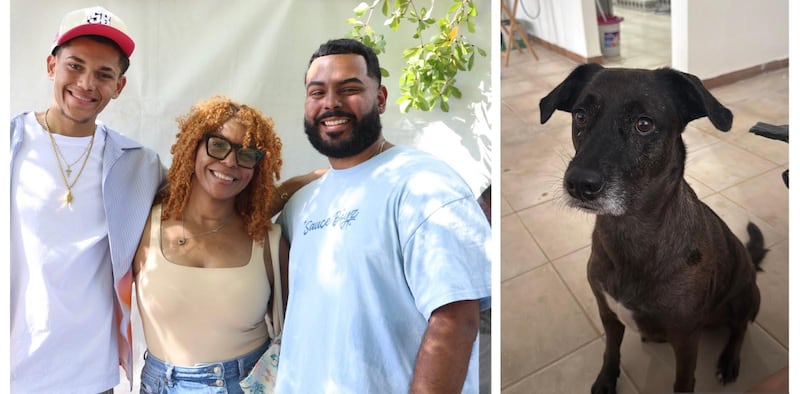Nayadeth García Sierra junto a Jeysel Toledo y José Fernando López, la familia que adoptó a Yeyo durante “SauceGiving” en el año 2024. (Catia Martínez y suministrada)
