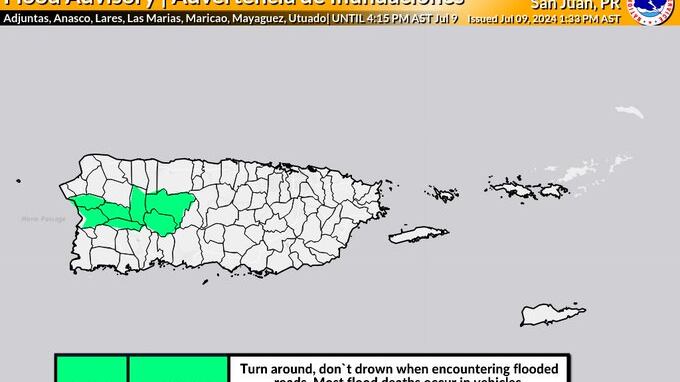 Advertencia de inundaciones para el oeste y centro de Puerto Rico.