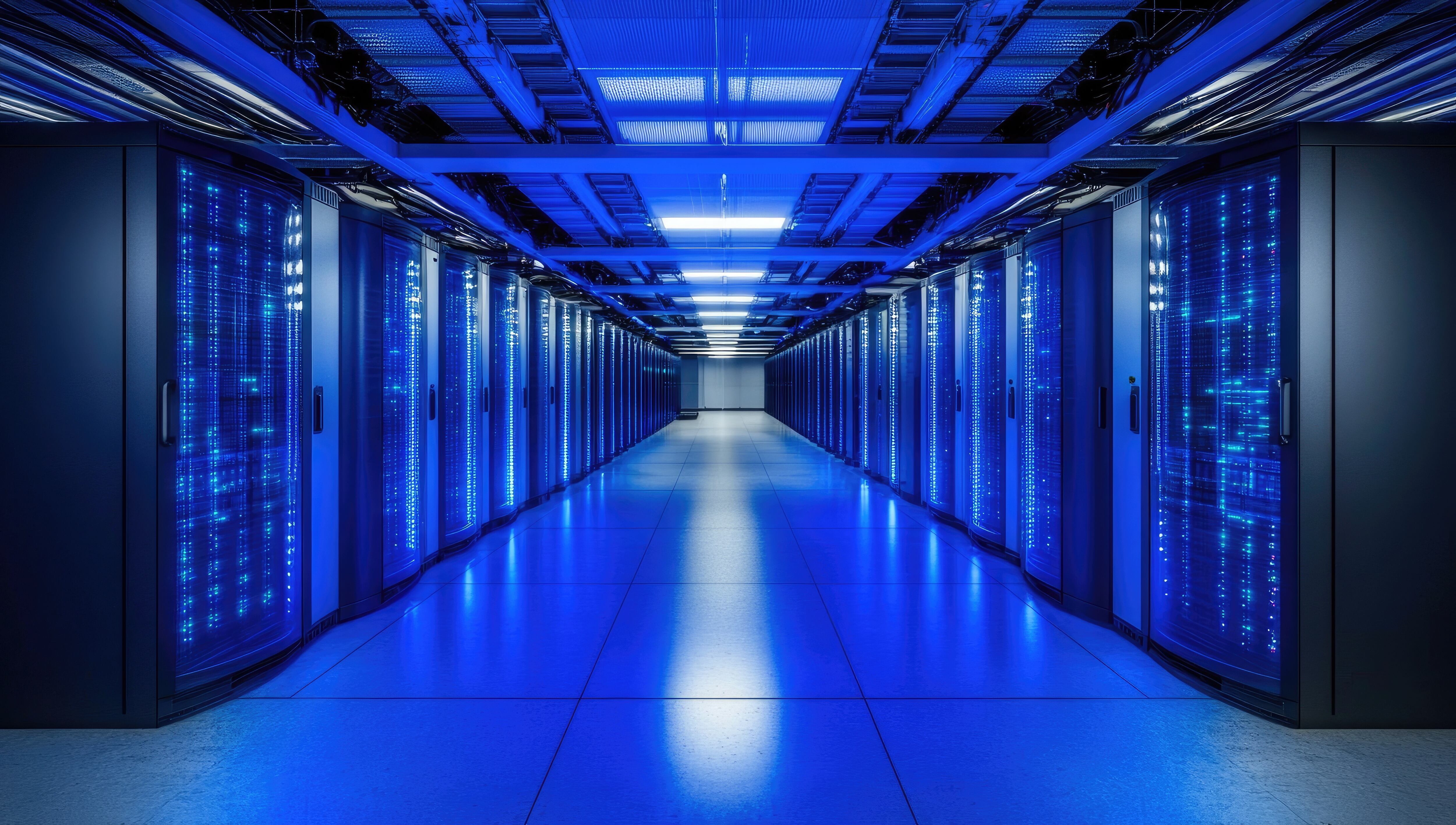 A futuristic and high-tech data center with blue neon lights, showcasing the advanced technology behind cloud computing. The scene is captured in a dark room with reflections on the polished concrete floor. It's a symmetrical composition with rows of server cabinets illuminated by bright white light from above. This dynamic perspective adds depth to the image, creating an atmosphere that reflects innovation and precision in digital storage and superhighway networks. --ar 53:30 --v 6.1 Job ID: fae84b5c-5ef5-43c0-bfbe-57e6185a895a