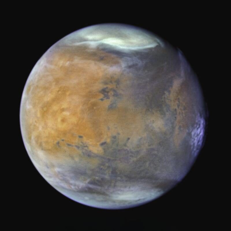 Combinación de imágenes de Marte tomadas por el telescopio espacial Hubble en 2024. Las finas nubes de hielo de agua, visibles en luz ultravioleta, dan al Planeta Rojo un aspecto helado. El gélido casquete polar norte estaba experimentando el comienzo de la primavera marciana. Fotografía facilitada por el Instituto de Astrofísica de Andalucía/ NASA, ESA, STScI