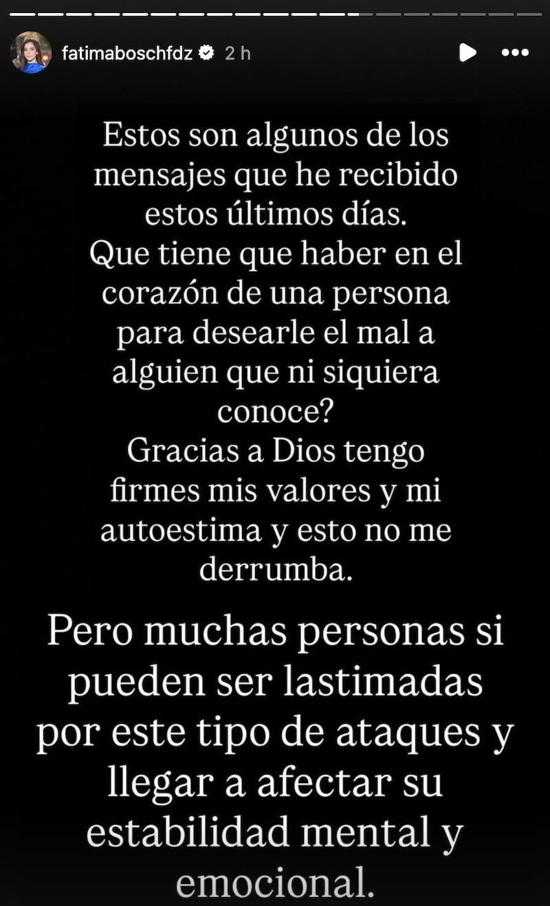 Comunicado de Fátima Bosch en Instagram