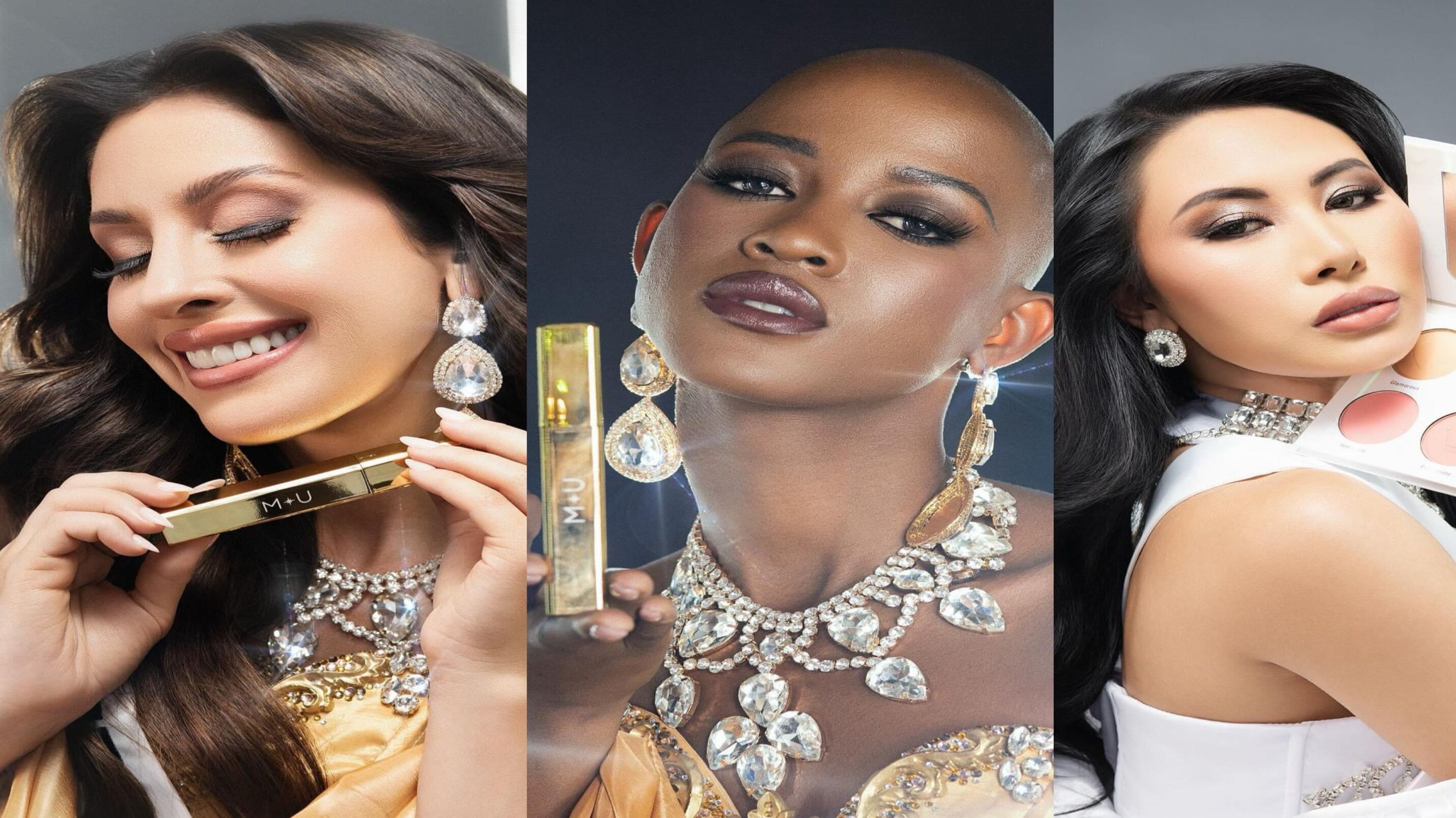 Miss Puerto Rico, Miss Botsuana y Miss Singapur modelan los cosméticos del certamen.