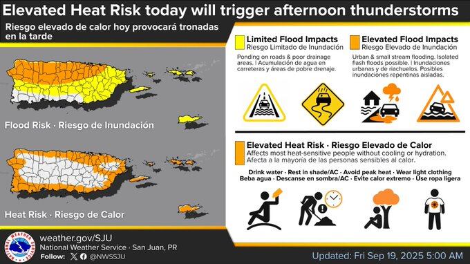 Advertencia de calor para el viernes, 19 de septiembre de 2025, en Puerto Rico.