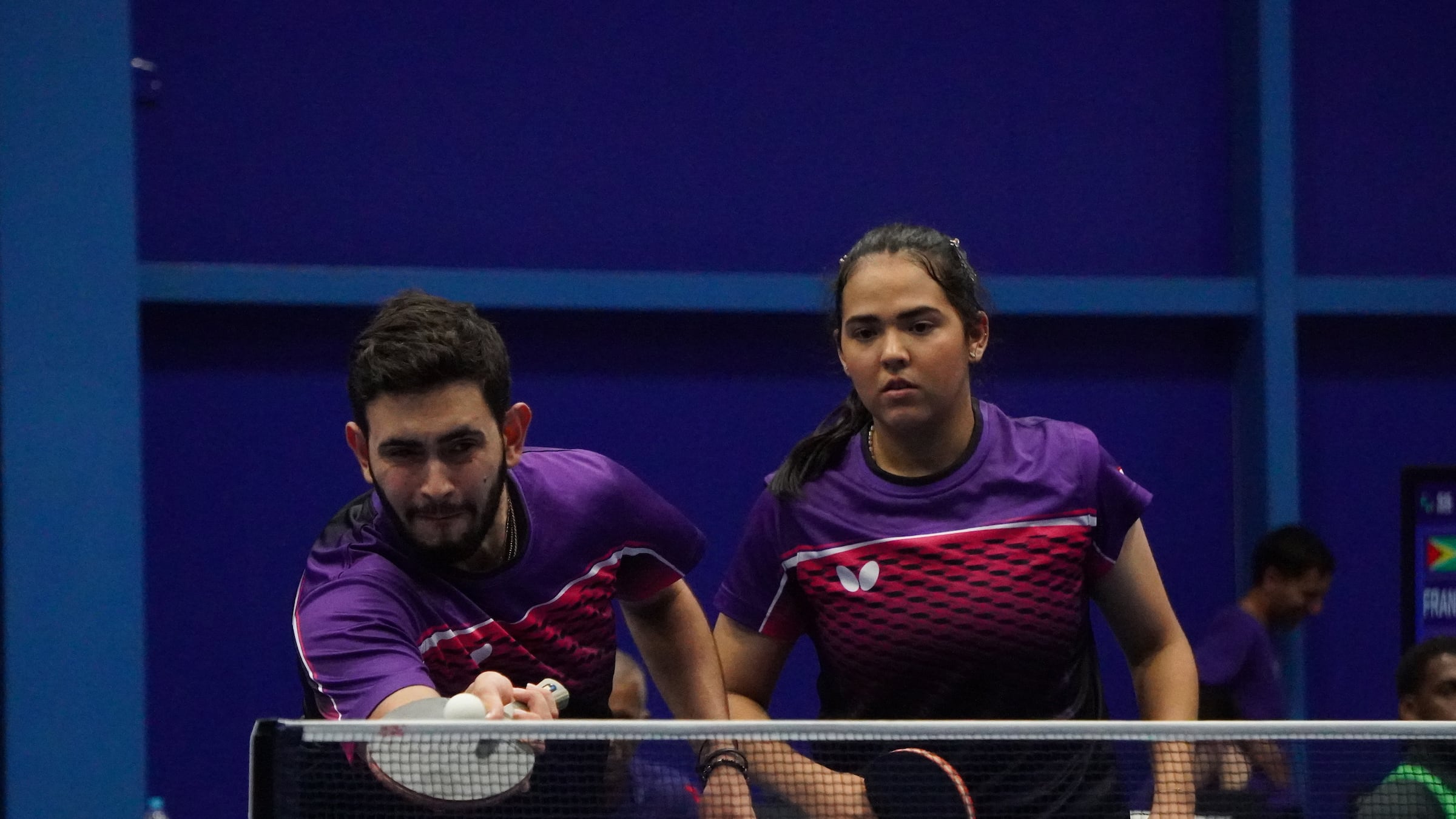 SAN SALVADOR, EL SALVADOR. JUNE 24th: Brian Afanador and Adriana Diaz of Puerto Rico Table Tenis during the Table Tennis match between Puerto Rico and in the San Salvador 2023 XXIV Juegos Centroamericanos y del Caribe, held at the Polideportivo El Polvorin, in San Salvador, El Salvador.