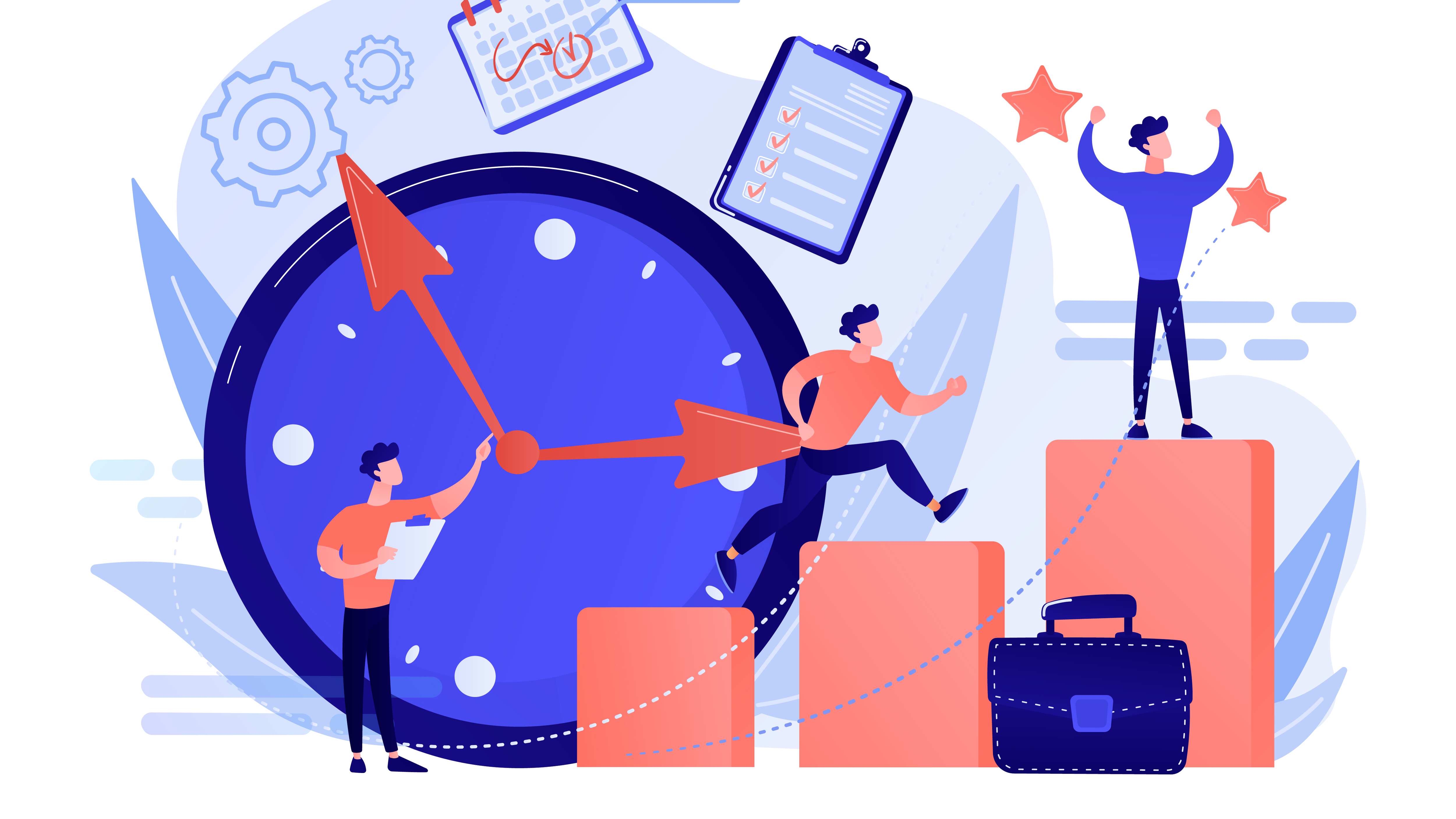 Dibujo de personas al frente de un reloj.