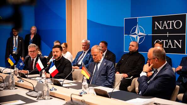 (L-R) Keir Starmer, UK prime minister, Volodymyr Zelenskiy, Ukraine's president, Donald Tusk, Poland's prime minister, and Friedrich Merz, Germany's chancellor, during a meeting at the North Atlantic Treaty Organization (NATO) summit on June 24, 2025 in The Hague, Netherlands.
