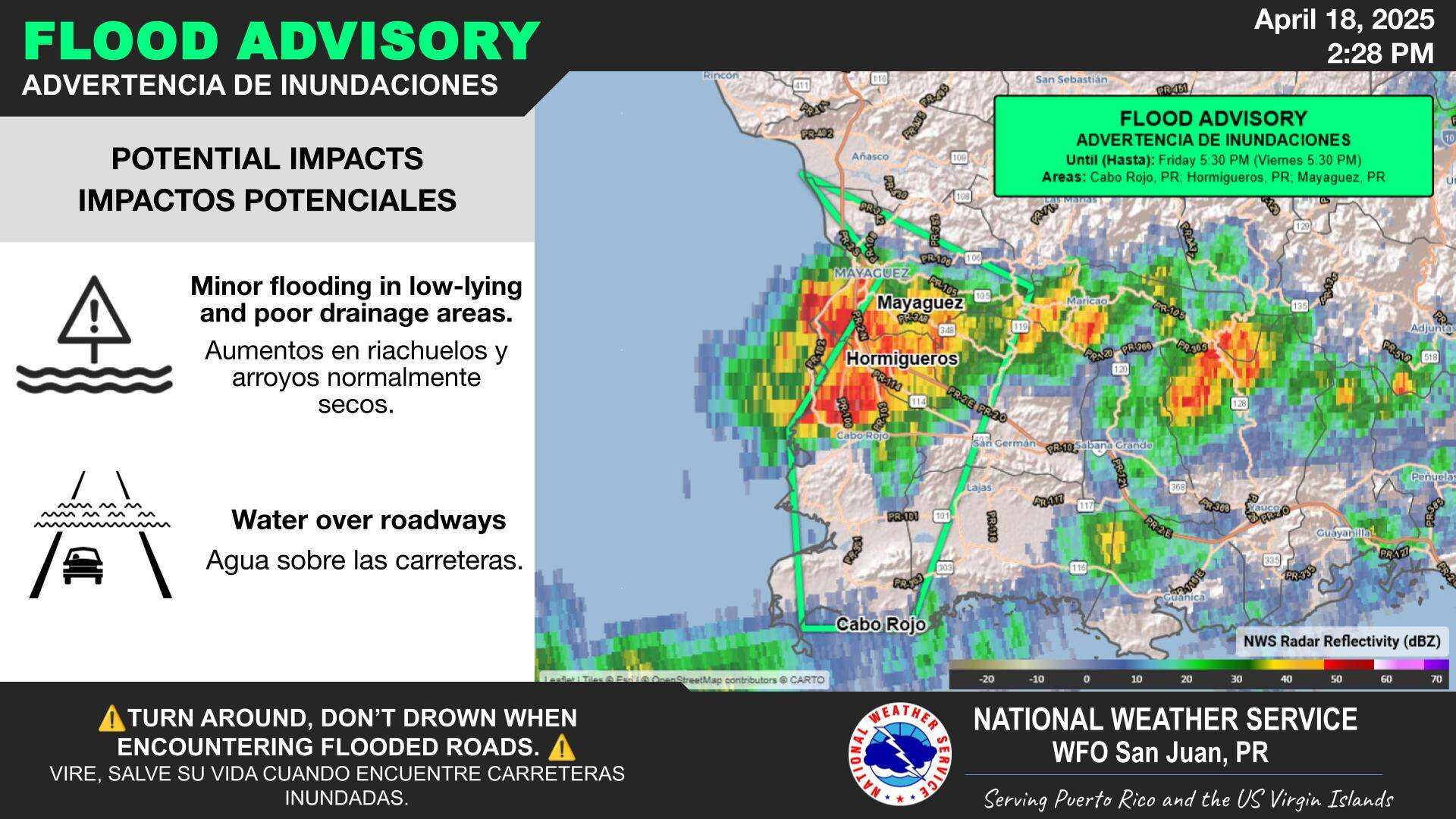 Emiten advertencia de inundaciones para Cabo Rojo, Hormigueros y Mayagüez