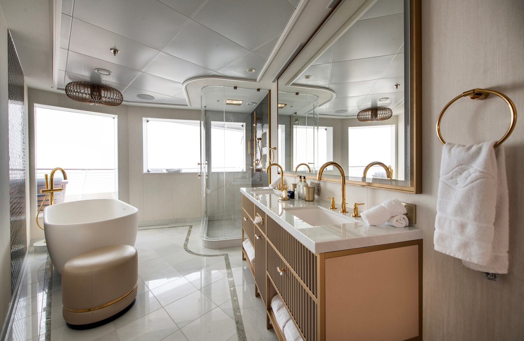 The adventure-inspired accommodations aboard the Disney Treasure, Disney Cruise Line’s newest ship, extends to four royal suites that pay tribute to the faithful feline companions of daring Disney characters. The upscale designs include the Bagheera Royal Suites, honoring the noble panther from “The Jungle Book” and the lush forests he calls home. (Kent Phillips, photographer)