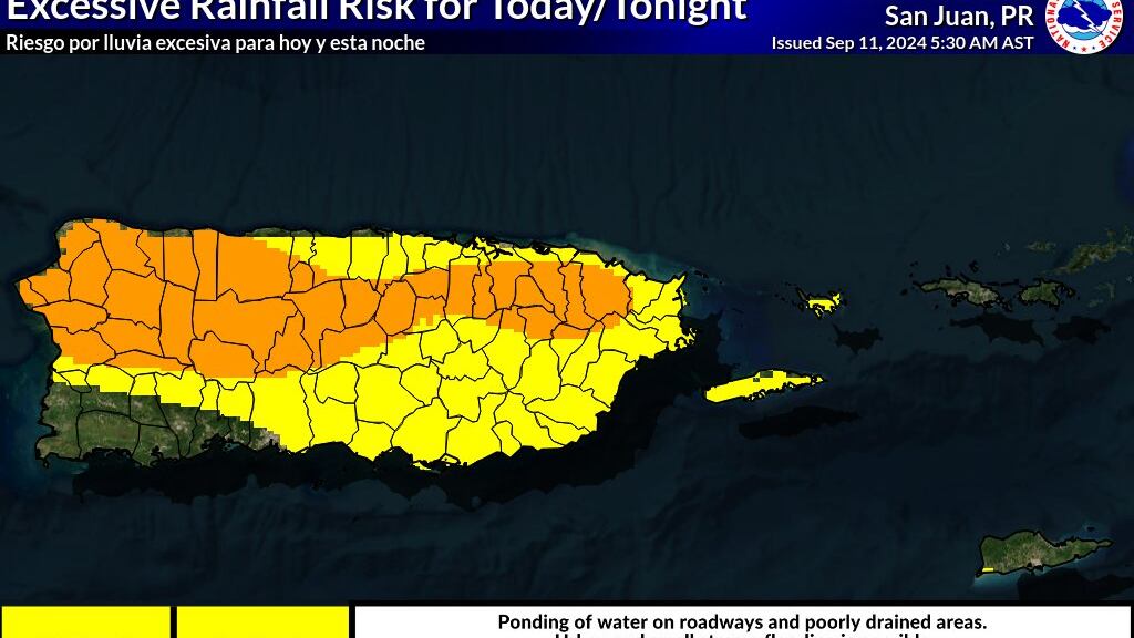 Riesgo de lluvia para este 11 de septiembre de 2024 en Puerto Rico.