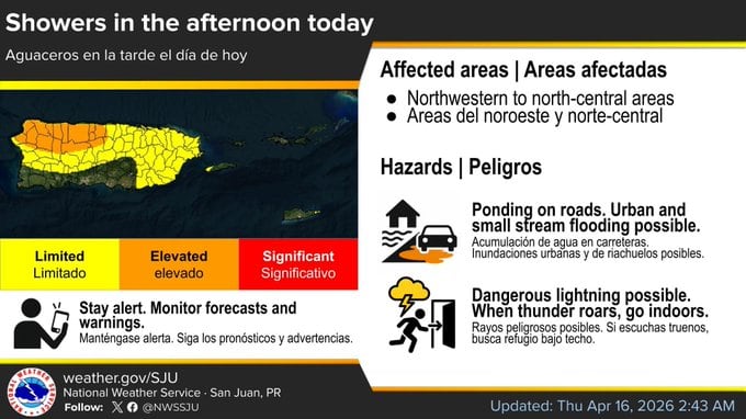 Pronostican aguaceros para este jueves, 16 de abril de 2026.