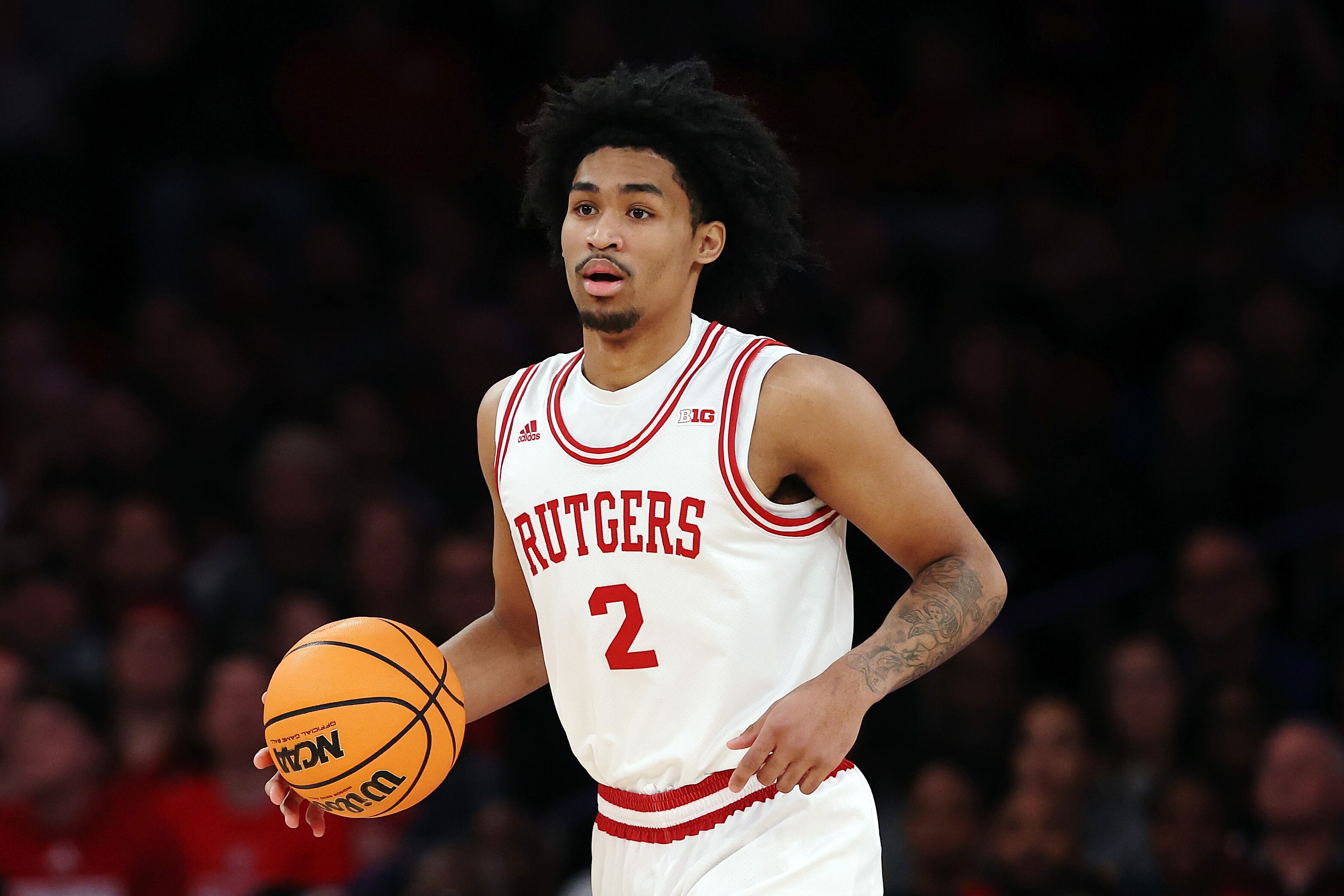 NEW YORK, NEW YORK - JANUARY 25: Dylan Harper #2 of the Rutgers Scarlet Knights dribbles during the first half against the Michigan State Spartans at Madison Square Garden on January 25, 2025 in New York City. (Photo by Sarah Stier/Getty Images)