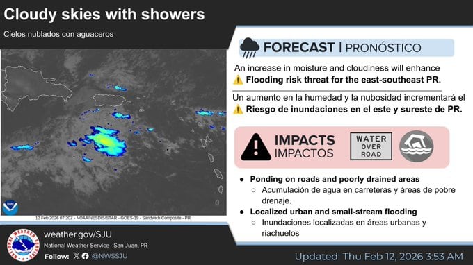 Pronostican cielos nublados y aguaceros para este jueves, 12 de febrero de 2026.