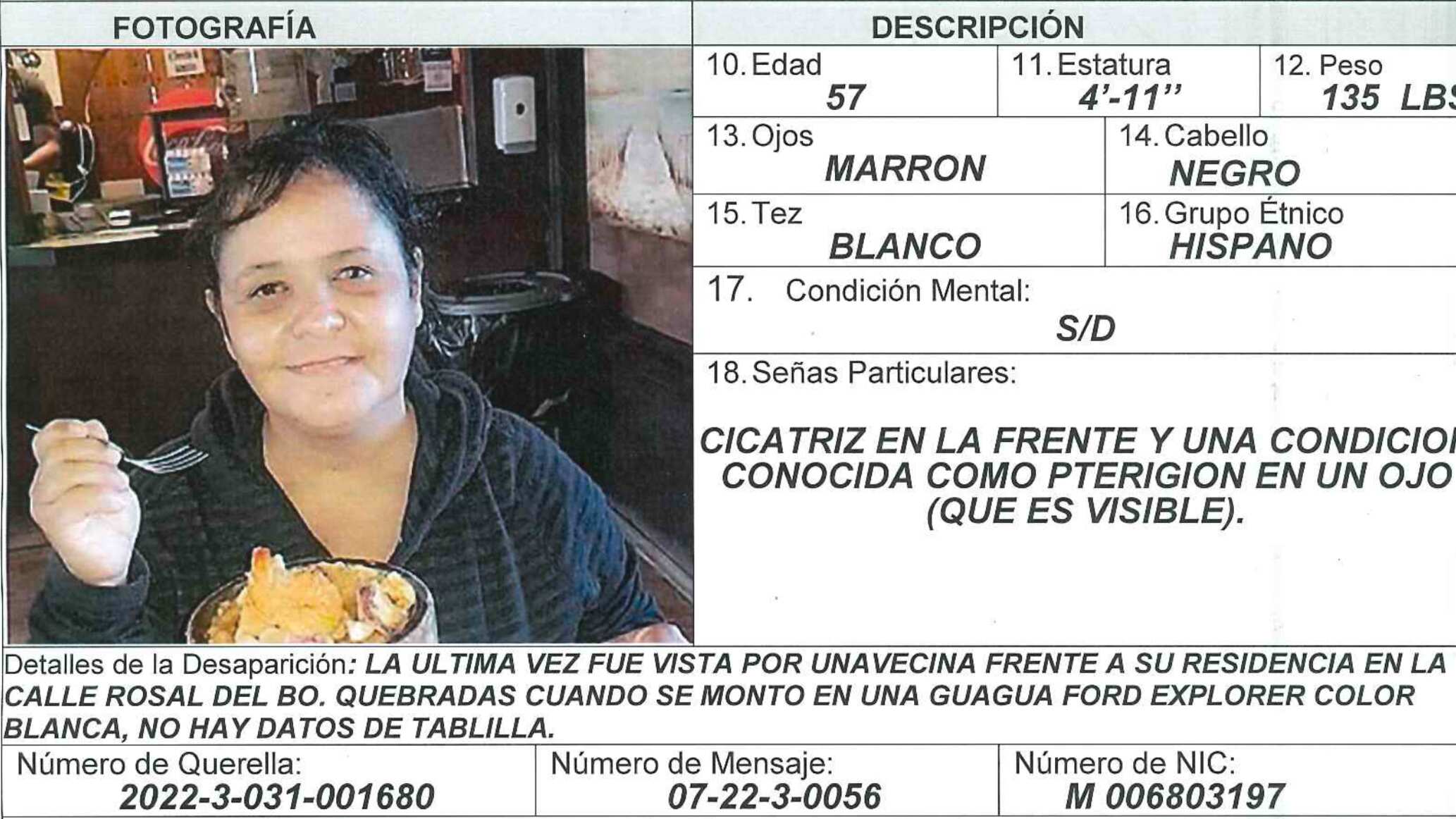 Ficha de desaparición de Maribel Filion Jusino. Muestra una foto de la mujer desaparecida en Guayanilla, así como algunas descripciones, que incluyen que tiene una cicatriz en la frente.