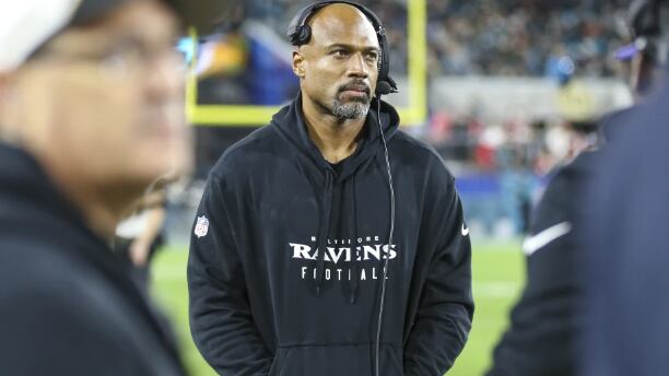 FILE - Baltimore Ravens assistant head coach/defensive line Anthony Weaver watches warm-ups before an NFL football game against the Jacksonville Jaguars, Sunday, Dec. 17, 2023, in Jacksonville, Fla. The Miami Dolphins have named former Baltimore Ravens assistant head coach and defensive line coach Anthony Weaver as their defensive coordinator, the team announced Saturday afternoon, Feb. 3, 2204. (AP Photo/Gary McCullough, File)