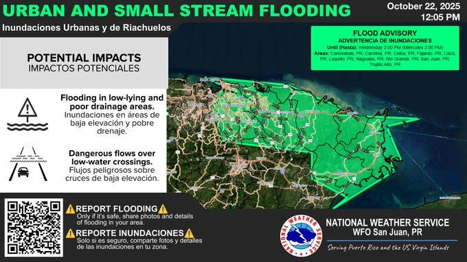 Emiten advertencia de inundaciones para varios pueblos de la isla.