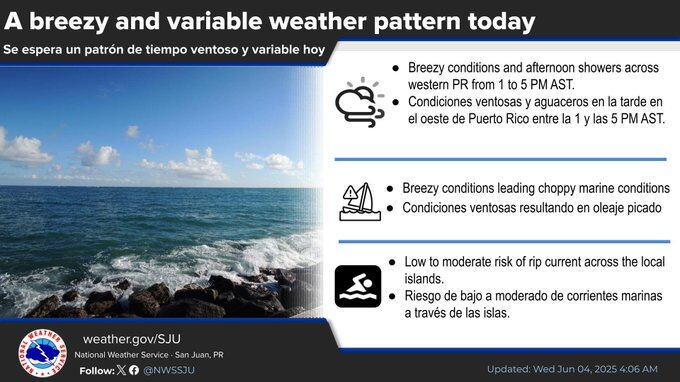 Tiempo en Puerto Rico para el miércoles, 4 de junio de 2025.