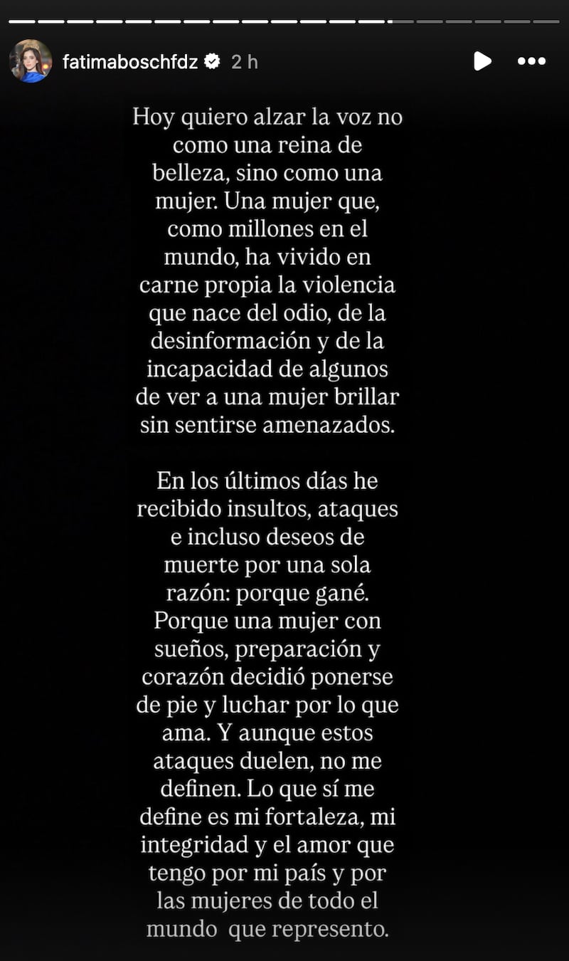 Comunicado de Fátima Bosch en Instagram