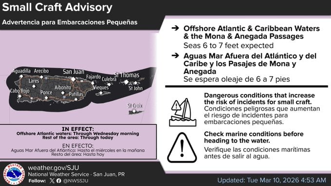 Una advertencia para operadores de embarcaciones pequeñas permanece en efecto para la mayoría de las aguas regionales.