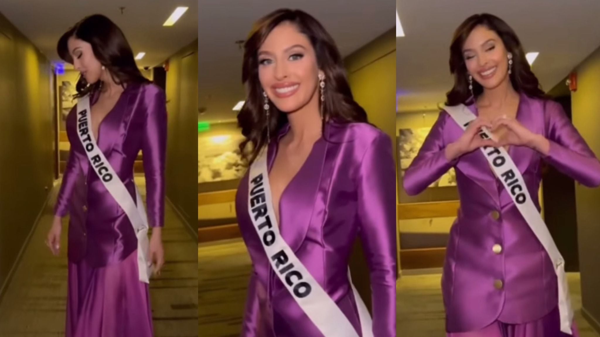Miss Universe Puerto Rico 2024 optó por un vestido violeta con chaqueta y falda, realizado por Wilberto Pérez.